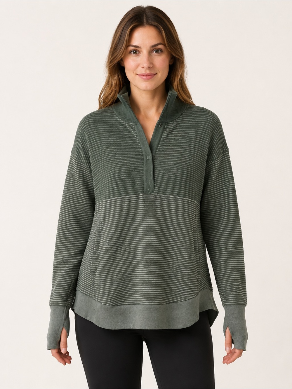 OFFLINE by Aerie Olive Green Ribbed Quarter Snap Pullover Medium